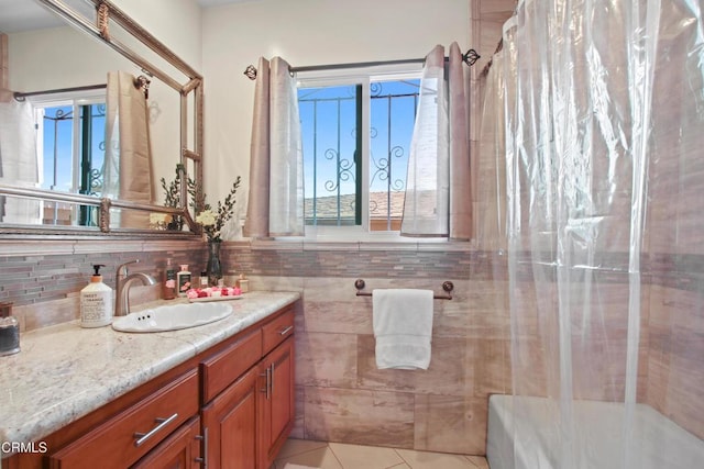 2165 W 115th St, Hawthorne, CA 90250 - full bathroom with vanity, tile patterned flooring, and shower / tub combo with curtain