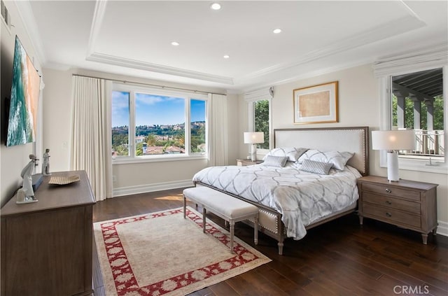 3 Atlantis Cv, Newport Coast, CA 92657 - bedroom featuring a tray ceiling, wood-type flooring, crown molding, and recessed lighting