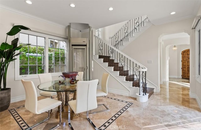 3 Atlantis Cv, Newport Coast, CA 92657 - dining space featuring ornamental molding, arched walkways, stairway, marble tiled flooring, and recessed lighting