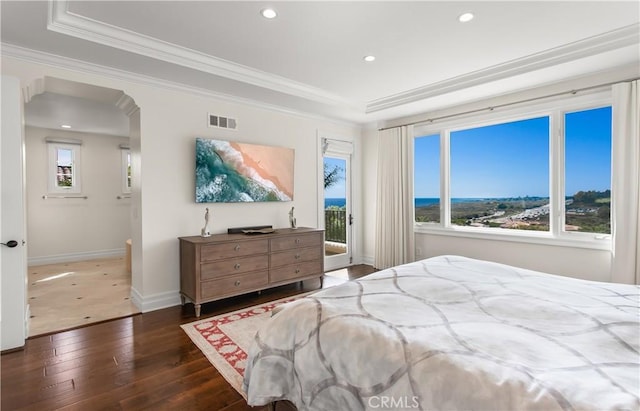 3 Atlantis Cv, Newport Coast, CA 92657 - bedroom with access to outside, wood-type flooring, recessed lighting, crown molding, and a tray ceiling
