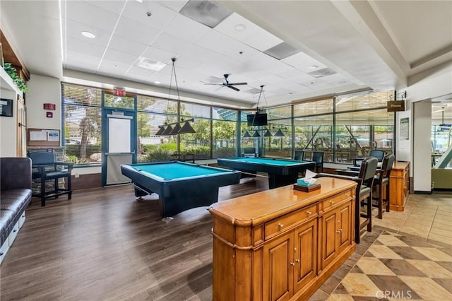 1708 Snowberry Rd, Beaumont, CA 92223 - rec room featuring pool table, ceiling fan, a drop ceiling, floor to ceiling windows, and wood finished floors