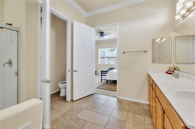 1708 Snowberry Rd, Beaumont, CA 92223 - ensuite bathroom with crown molding, double vanity, a stall shower, and ceiling fan