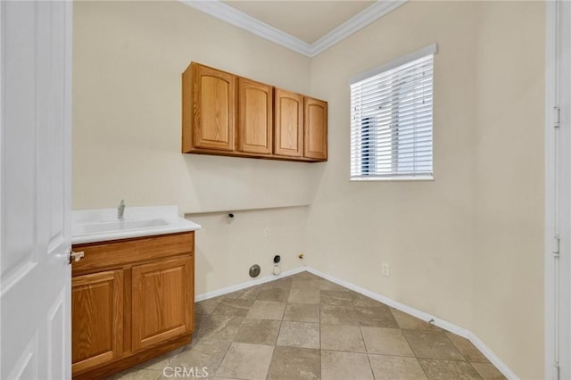 1708 Snowberry Rd, Beaumont, CA 92223 - washroom with hookup for a gas dryer, cabinet space, crown molding, and washer hookup