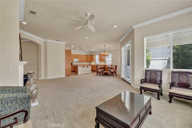 1708 Snowberry Rd, Beaumont, CA 92223 - living area with light carpet, a ceiling fan, crown molding, recessed lighting, and a chandelier