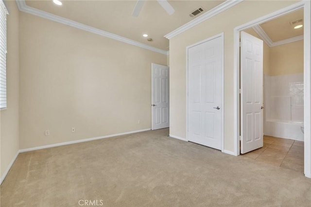 1708 Snowberry Rd, Beaumont, CA 92223 - unfurnished bedroom featuring light carpet, ornamental molding, recessed lighting, and ceiling fan