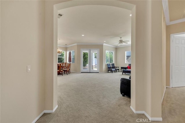 1708 Snowberry Rd, Beaumont, CA 92223 - hallway with carpet floors, ornamental molding, recessed lighting, and arched walkways