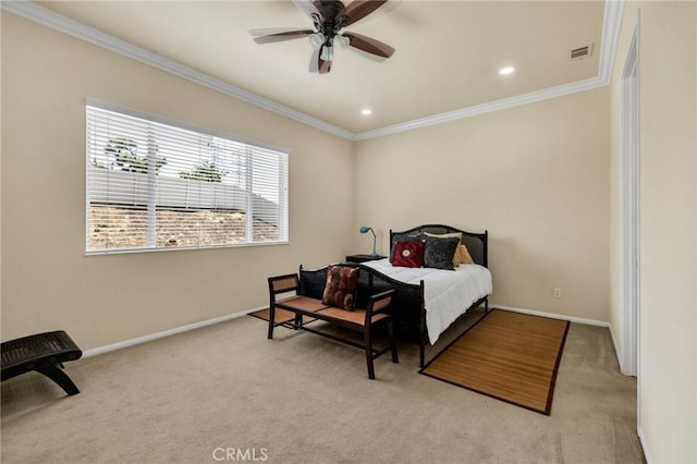 1708 Snowberry Rd, Beaumont, CA 92223 - bedroom featuring crown molding, carpet flooring, recessed lighting, and a ceiling fan