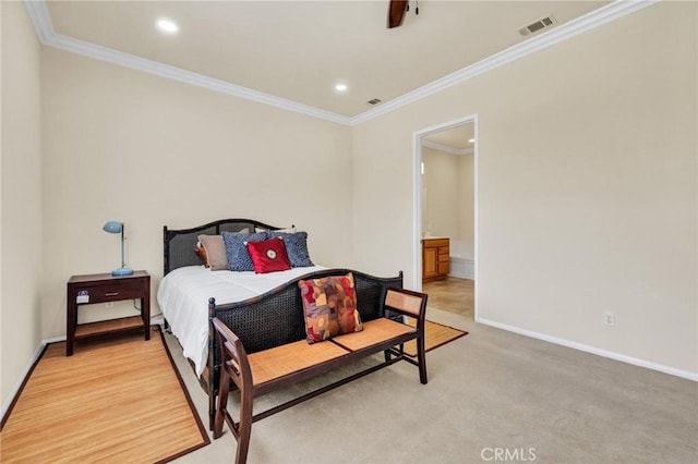1708 Snowberry Rd, Beaumont, CA 92223 - bedroom with ornamental molding, recessed lighting, light colored carpet, and ensuite bath