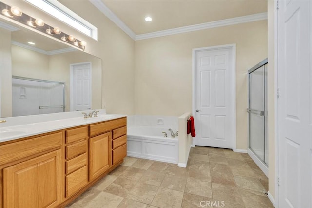 1708 Snowberry Rd, Beaumont, CA 92223 - bathroom featuring crown molding, double vanity, a shower with door, and a bath