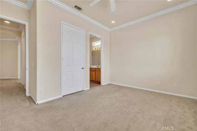 1708 Snowberry Rd, Beaumont, CA 92223 - unfurnished bedroom with light colored carpet, crown molding, recessed lighting, connected bathroom, and ceiling fan
