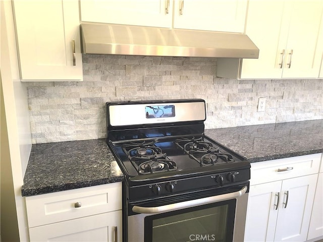 12817 Larwin Rd, Norwalk, CA 90650 - kitchen featuring stainless steel gas range, exhaust hood, and white cabinets