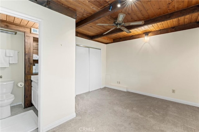 423 Thousand Pines Rd, Crestline, CA 92325 - unfurnished bedroom featuring a wood ceiling with exposed beams, light carpet, a closet, and ensuite bath
