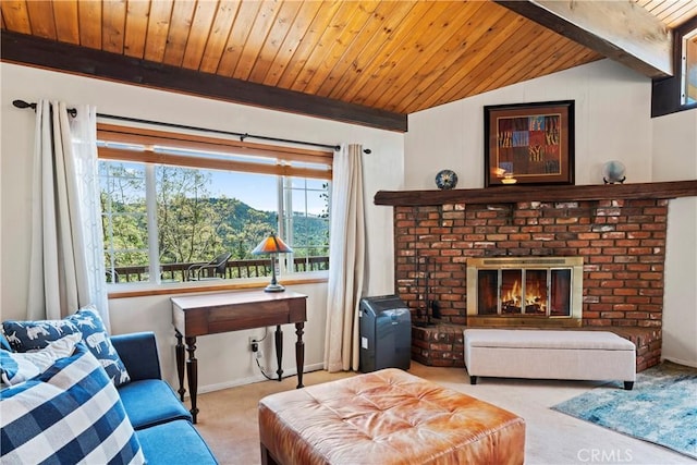 423 Thousand Pines Rd, Crestline, CA 92325 - carpeted living room with wood ceiling, healthy amount of natural light, and a brick fireplace