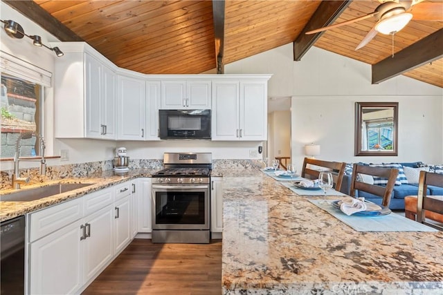 423 Thousand Pines Rd, Crestline, CA 92325 - kitchen featuring stainless steel range with gas cooktop, black microwave, dishwashing machine, wood ceiling, and dark wood-style flooring