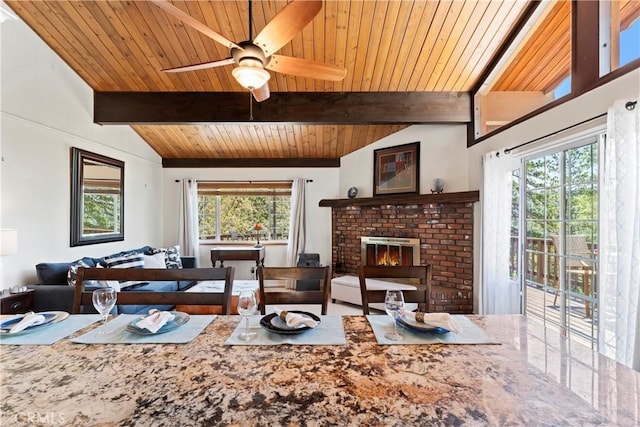 423 Thousand Pines Rd, Crestline, CA 92325 - living room with wooden ceiling, ceiling fan, and a fireplace
