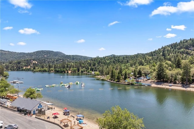 423 Thousand Pines Rd, Crestline, CA 92325 - water view featuring a heavily wooded area and a mountain backdrop
