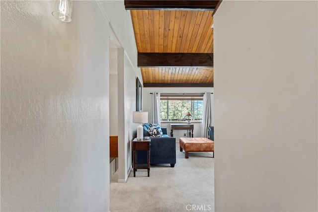423 Thousand Pines Rd, Crestline, CA 92325 - hallway featuring a wood ceiling with exposed beams and carpet