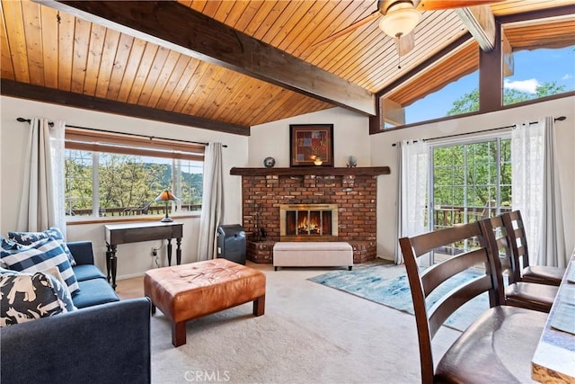 423 Thousand Pines Rd, Crestline, CA 92325 - living area with carpet floors, a ceiling fan, wood ceiling, and a brick fireplace