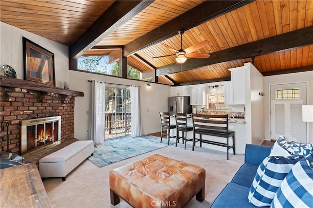 423 Thousand Pines Rd, Crestline, CA 92325 - living room with light carpet, ceiling fan, a brick fireplace, and wooden ceiling