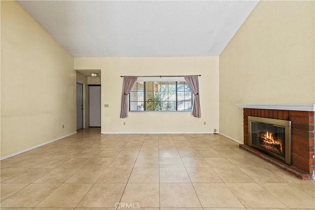 37702 Medea Ct, Palmdale, CA 93550 - unfurnished living room featuring tile patterned floors and a brick fireplace
