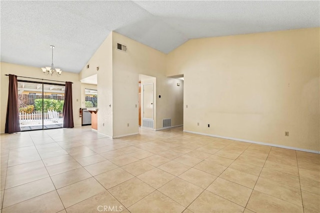 37702 Medea Ct, Palmdale, CA 93550 - empty room with a chandelier, light tile patterned flooring, high vaulted ceiling, and a textured ceiling