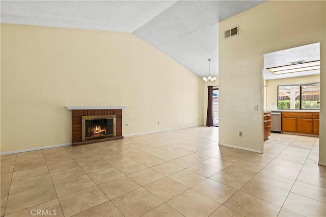 37702 Medea Ct, Palmdale, CA 93550 - unfurnished living room featuring a chandelier, light tile patterned floors, a brick fireplace, high vaulted ceiling, and a textured ceiling