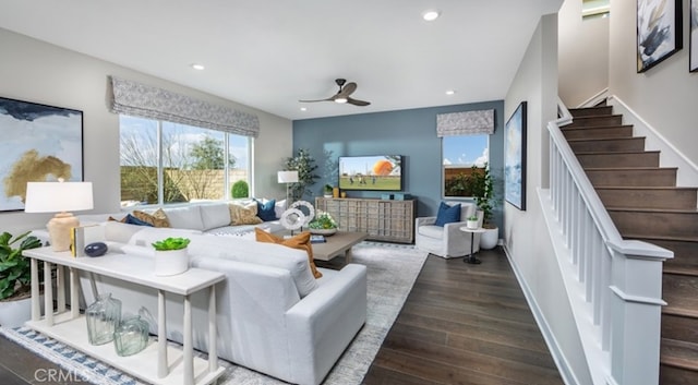 200 Lily Loop, Irvine, CA 92618 - living area featuring stairs, wood finished floors, recessed lighting, and ceiling fan