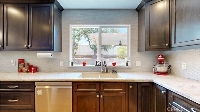 7413 Crimson Dr, Highland, CA 92346 - kitchen featuring stainless steel dishwasher, decorative backsplash, and dark brown cabinets