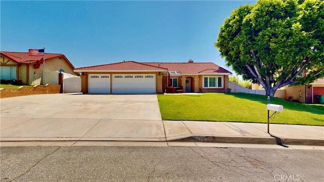 7413 Crimson Dr, Highland, CA 92346 - ranch-style home featuring a tile roof, a garage, driveway, stucco siding, and a chimney
