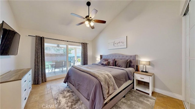 7413 Crimson Dr, Highland, CA 92346 - bedroom featuring access to exterior, stone tile floors, high vaulted ceiling, and ceiling fan