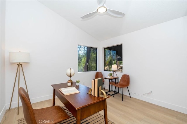 16066 Rancho Verde Cir, Riverside, CA 92506 - office featuring light wood finished floors, lofted ceiling, and a ceiling fan