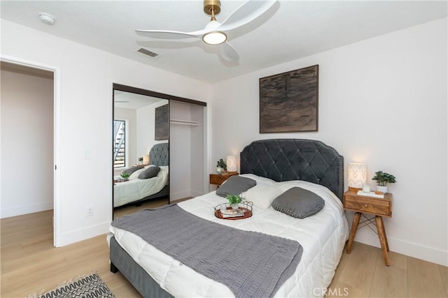 16066 Rancho Verde Cir, Riverside, CA 92506 - bedroom with light wood finished floors, a closet, and ceiling fan