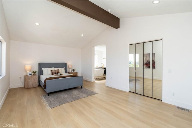 16066 Rancho Verde Cir, Riverside, CA 92506 - bedroom featuring light wood-style floors, recessed lighting, ensuite bath, and a closet