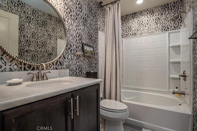 1170 Spring Azure Way Unit 45, Nipomo, CA 93444 - bathroom featuring wallpapered walls, vanity, shower / bath combo with shower curtain, and recessed lighting