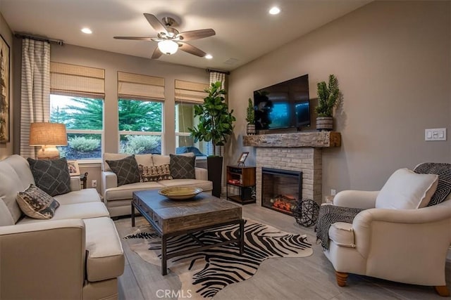 1170 Spring Azure Way Unit 45, Nipomo, CA 93444 - living room with ceiling fan, a fireplace, recessed lighting, and wood finished floors