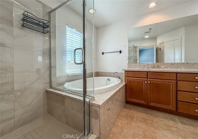 374 E Hilltop Way, Thousand Oaks, CA 91362 - bathroom with a bath, vanity, a shower stall, tile patterned flooring, and recessed lighting