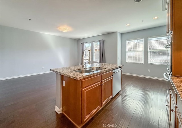 374 E Hilltop Way, Thousand Oaks, CA 91362 - kitchen featuring dishwasher, dark wood-style floors, brown cabinets, a kitchen island with sink, and recessed lighting