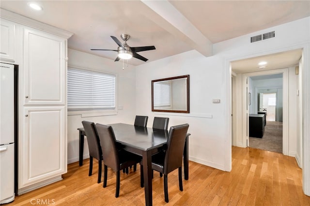 217 E Balboa Blvd, Newport Beach, CA 92661 - dining space with a ceiling fan, light wood-style floors, recessed lighting, and beamed ceiling