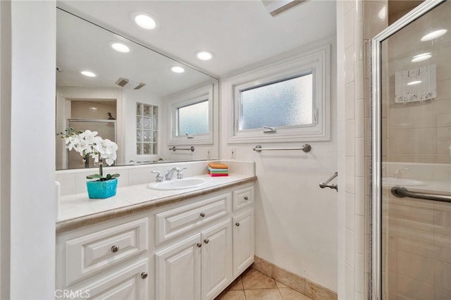 217 E Balboa Blvd, Newport Beach, CA 92661 - bathroom with vanity, tile patterned floors, a shower stall, and recessed lighting