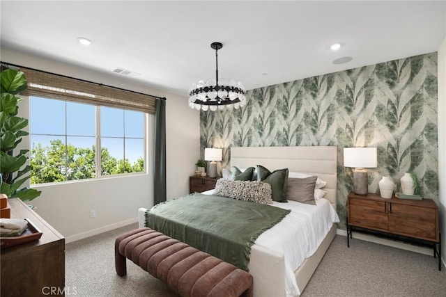 12247 Elliott Ave Unit F, El Monte, CA 91732 - carpeted bedroom with a chandelier, wallpapered walls, recessed lighting, and an accent wall