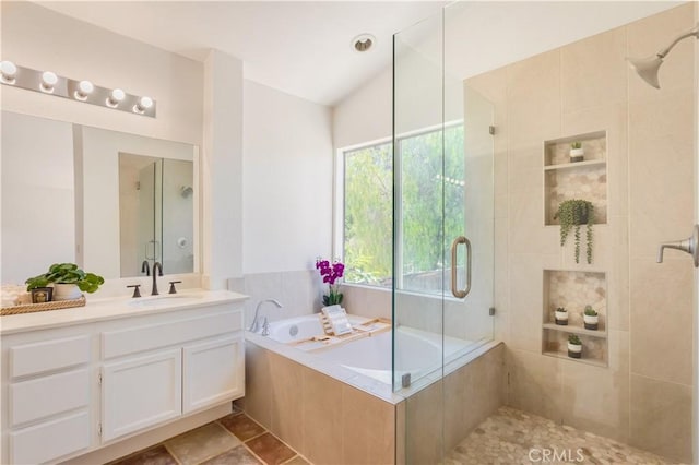 24249 Saradella Ct, Murrieta, CA 92562 - bathroom with a tile shower, a bath, and vanity