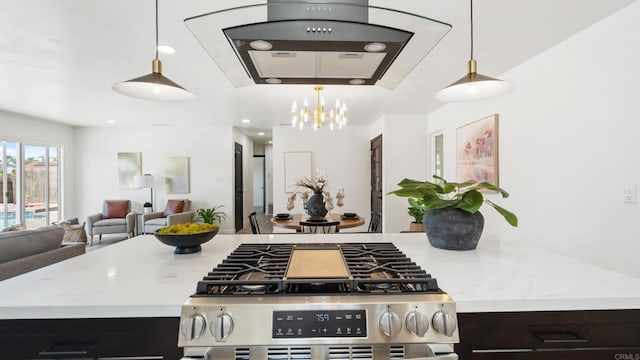 8865 Highsmith Ln, San Diego, CA 92119 - kitchen featuring stainless steel gas stove, a chandelier, open floor plan, and pendant lighting