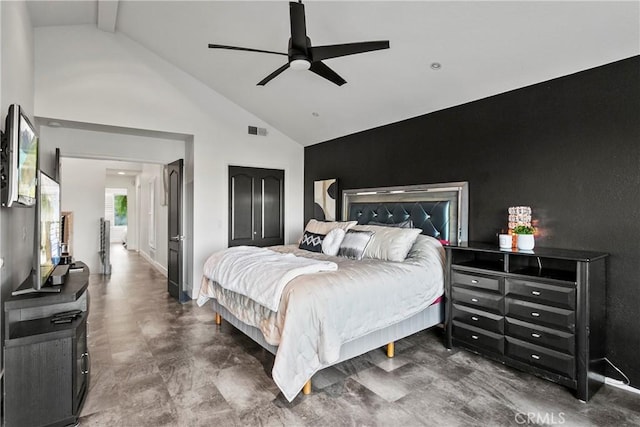 30282 Sonrisa, Laguna Niguel, CA 92677 - bedroom with high vaulted ceiling, beamed ceiling, and a ceiling fan