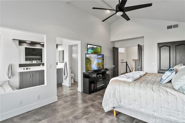 30282 Sonrisa, Laguna Niguel, CA 92677 - bedroom featuring high vaulted ceiling, ensuite bath, concrete floors, and ceiling fan