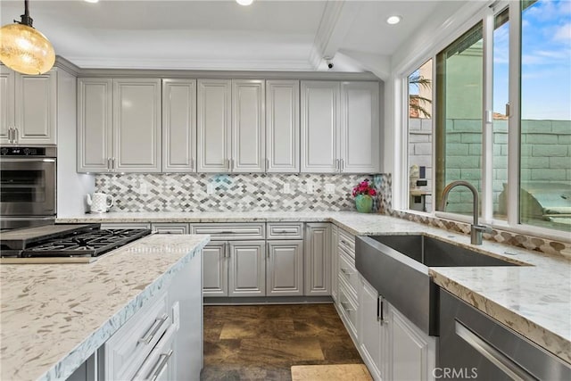 30282 Sonrisa, Laguna Niguel, CA 92677 - kitchen with appliances with stainless steel finishes, tasteful backsplash, recessed lighting, gray cabinets, and light stone counters