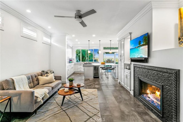 30282 Sonrisa, Laguna Niguel, CA 92677 - living area with a ceiling fan, crown molding, a fireplace, and recessed lighting