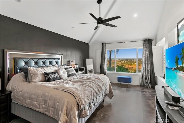 30282 Sonrisa, Laguna Niguel, CA 92677 - bedroom with high vaulted ceiling, ceiling fan, and finished concrete floors