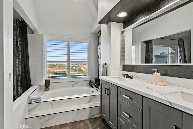 30282 Sonrisa, Laguna Niguel, CA 92677 - full bathroom featuring a bath, double vanity, and lofted ceiling