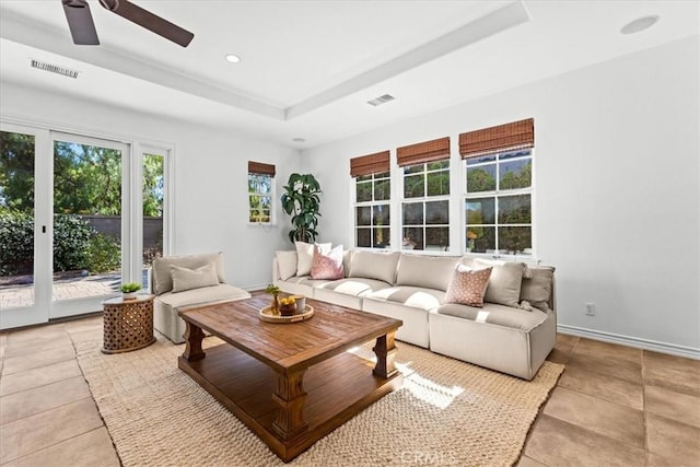 31521 Paseo Campeon, San Juan Capistrano, CA 92675 - living room featuring a ceiling fan, light tile patterned flooring, a tray ceiling, and recessed lighting