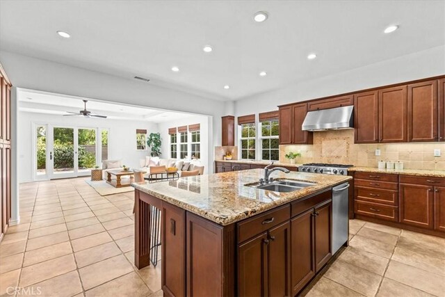 31521 Paseo Campeon, San Juan Capistrano, CA 92675 - kitchen featuring range hood, backsplash, light tile patterned flooring, light stone countertops, and recessed lighting